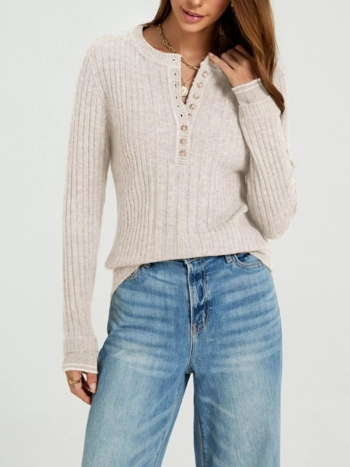 Button Detail Ribbed Knit Top - TheMomCo.
