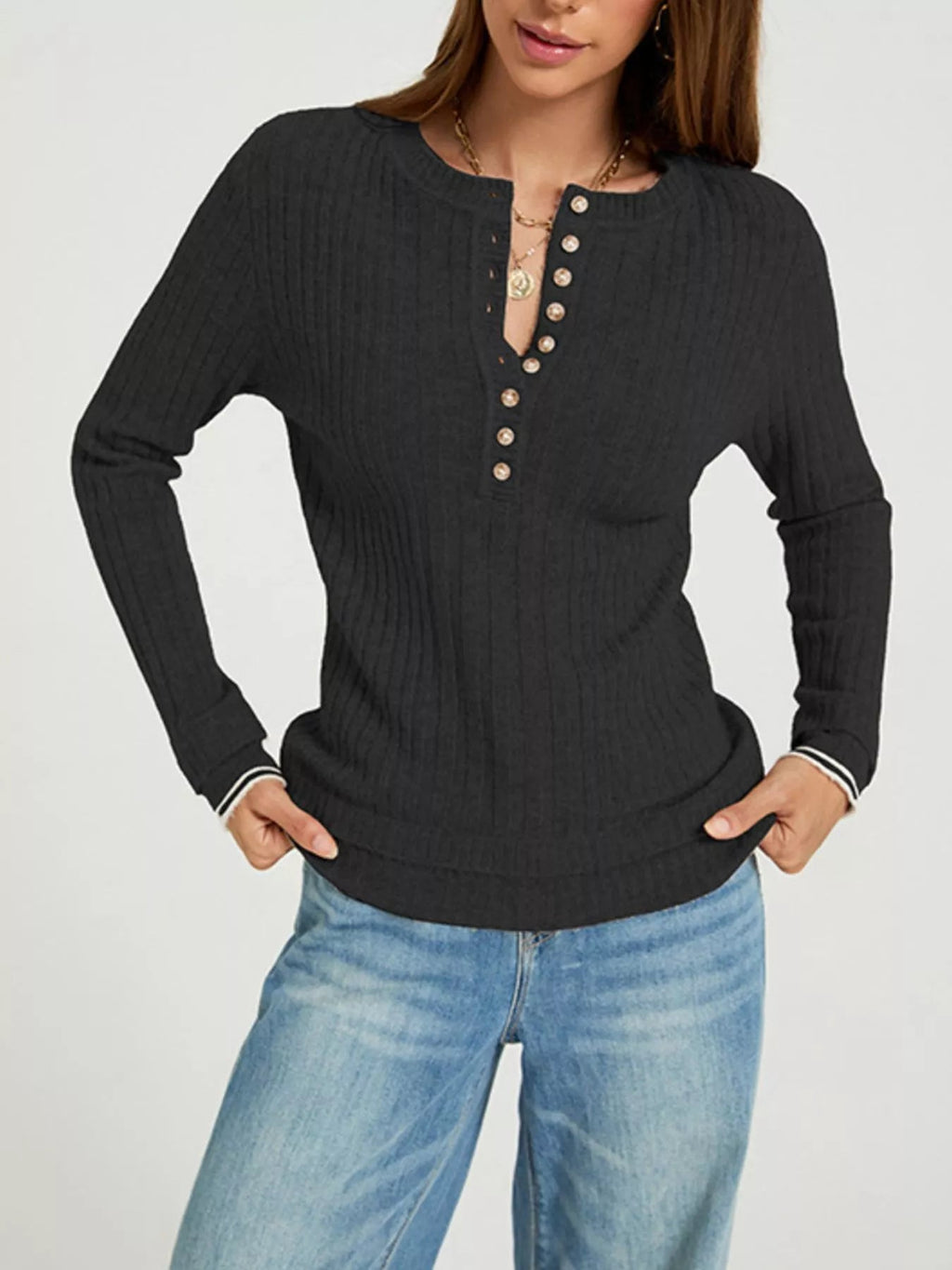 Button Detail Ribbed Knit Top - TheMomCo.