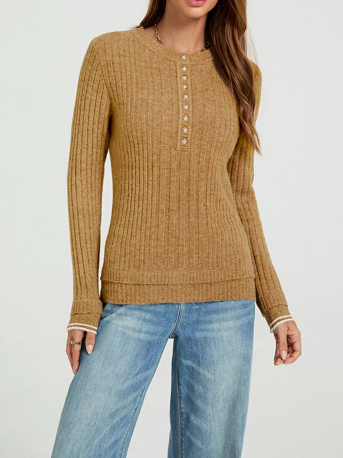 Button Detail Ribbed Knit Top - TheMomCo.