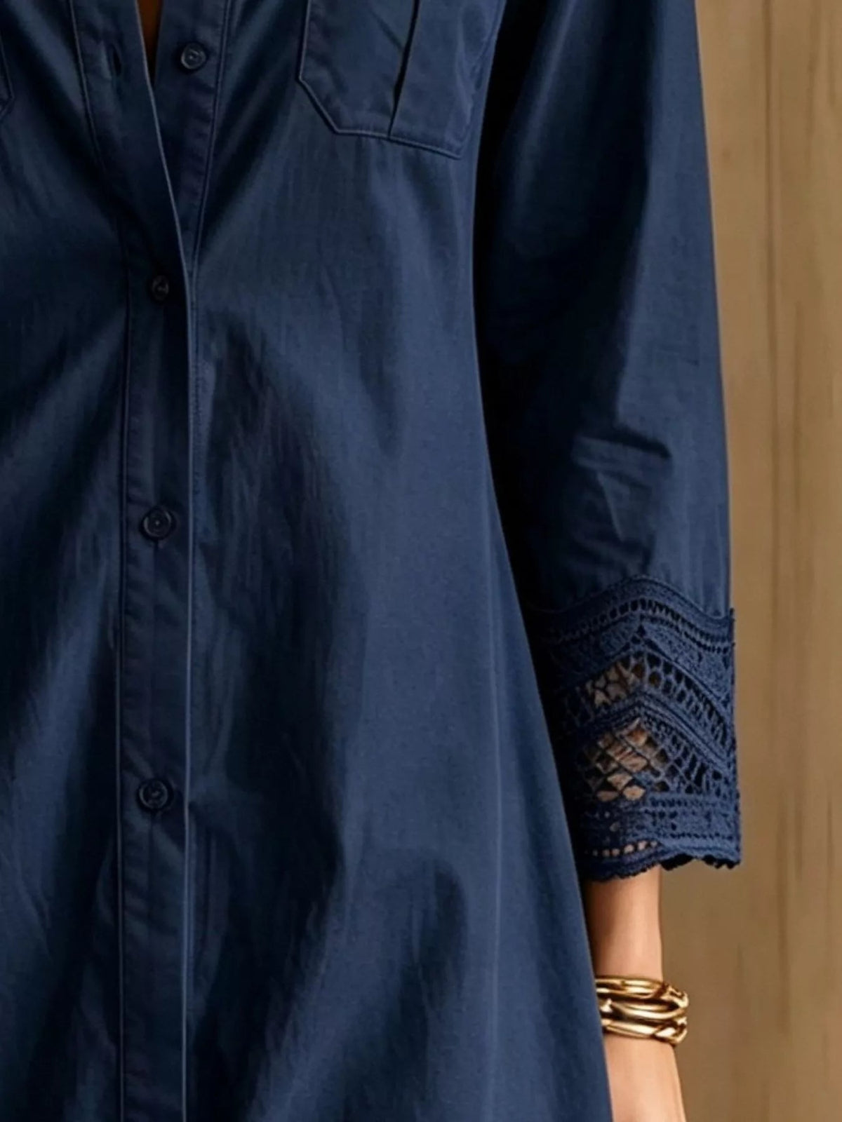Button-Down Shirt Dress with Lace Trim - TheMomCo.