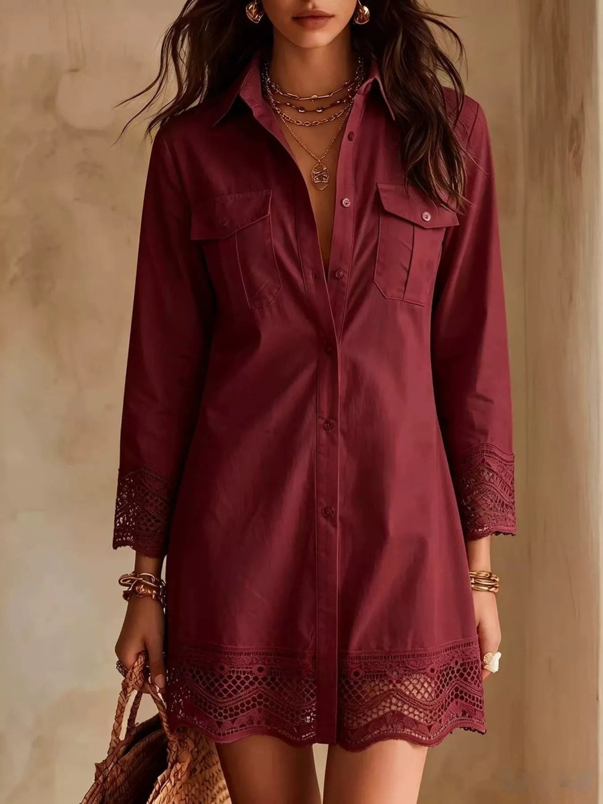 Button-Down Shirt Dress with Lace Trim - TheMomCo.