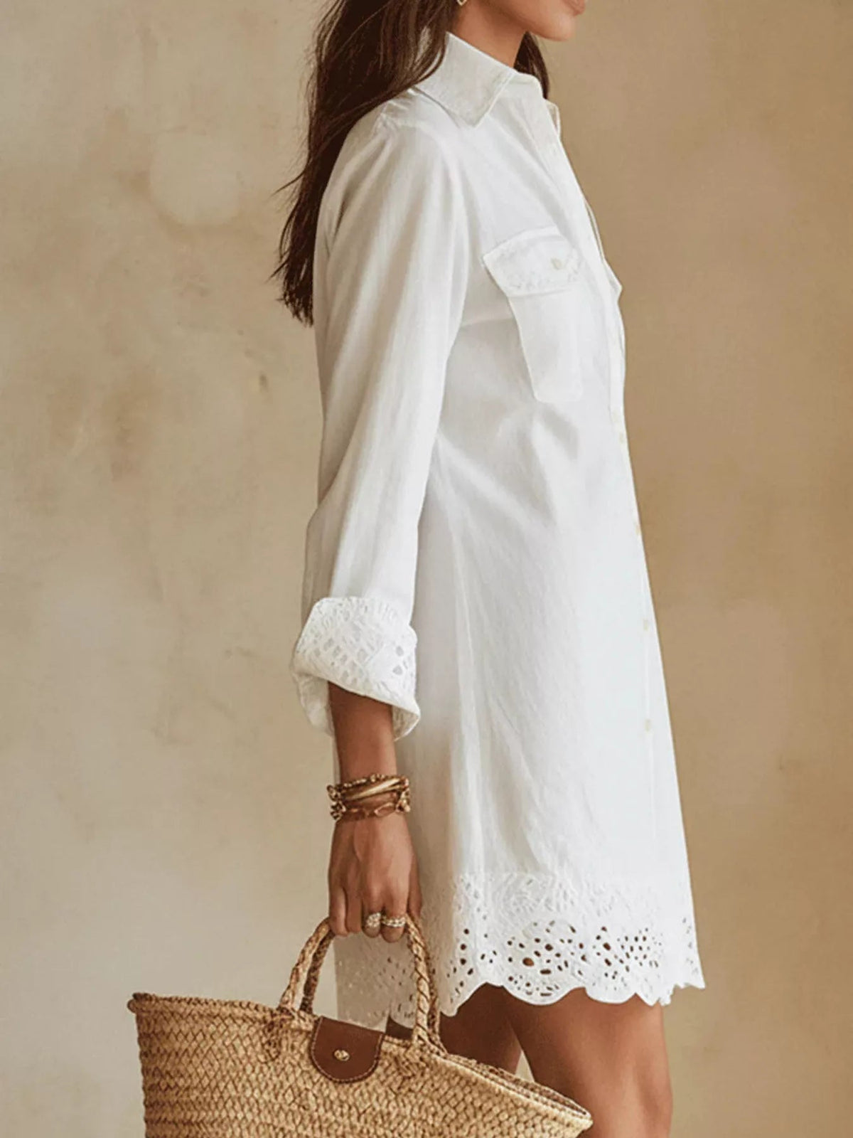 Button-Down Shirt Dress with Lace Trim - TheMomCo.