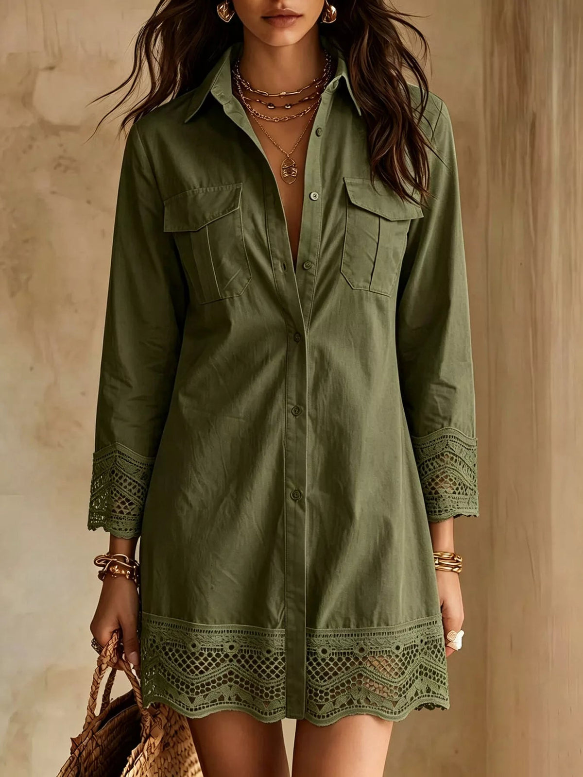 Button-Down Shirt Dress with Lace Trim - TheMomCo.