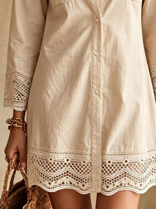 Button-Down Shirt Dress with Lace Trim - TheMomCo.