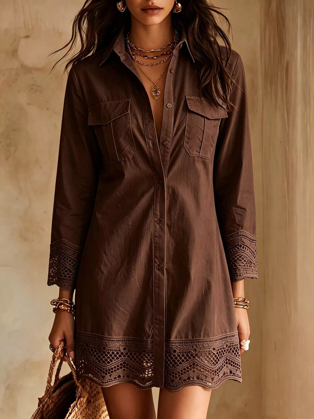 Button-Down Shirt Dress with Lace Trim - TheMomCo.