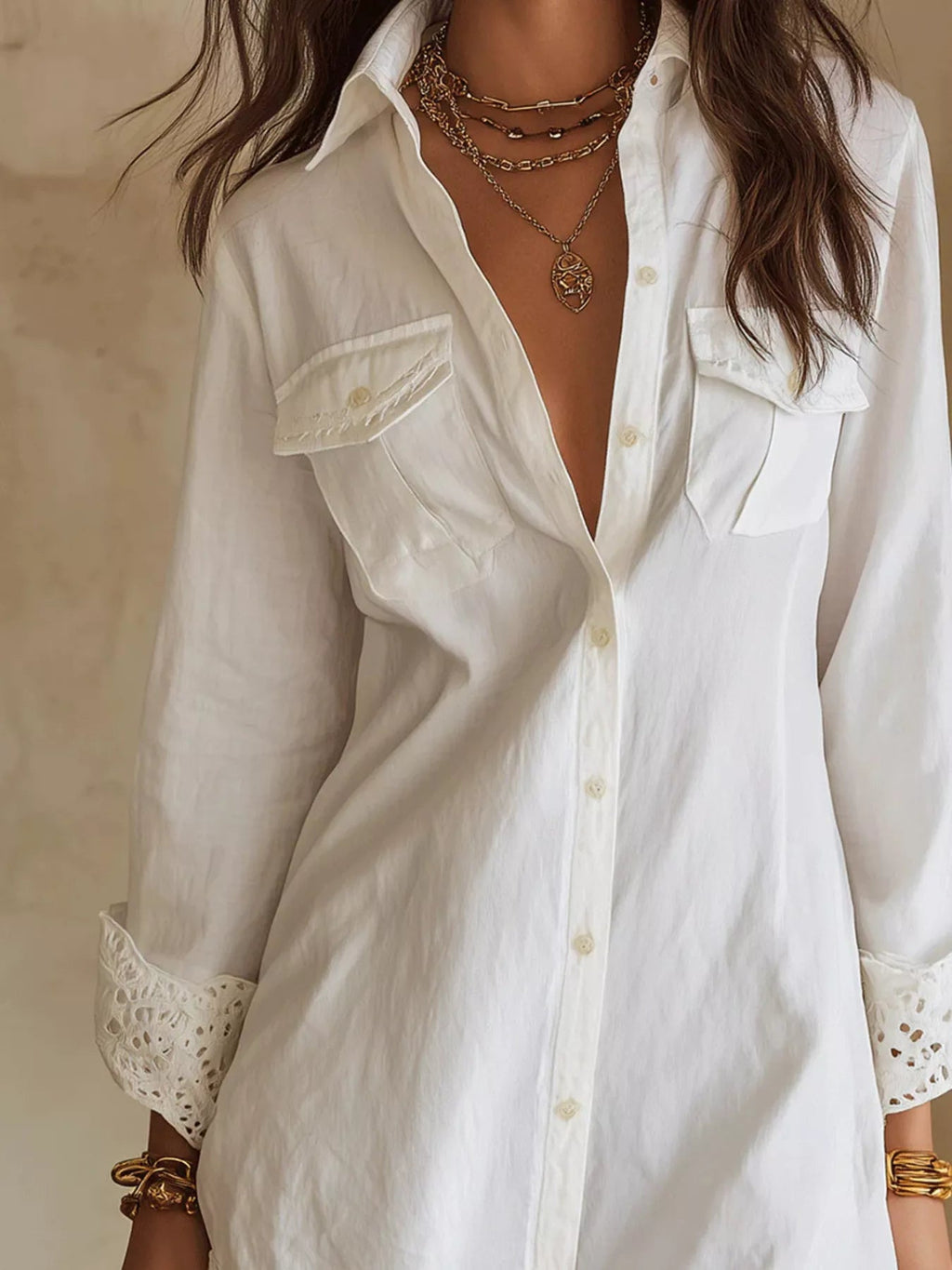 Button-Down Shirt Dress with Lace Trim - TheMomCo.