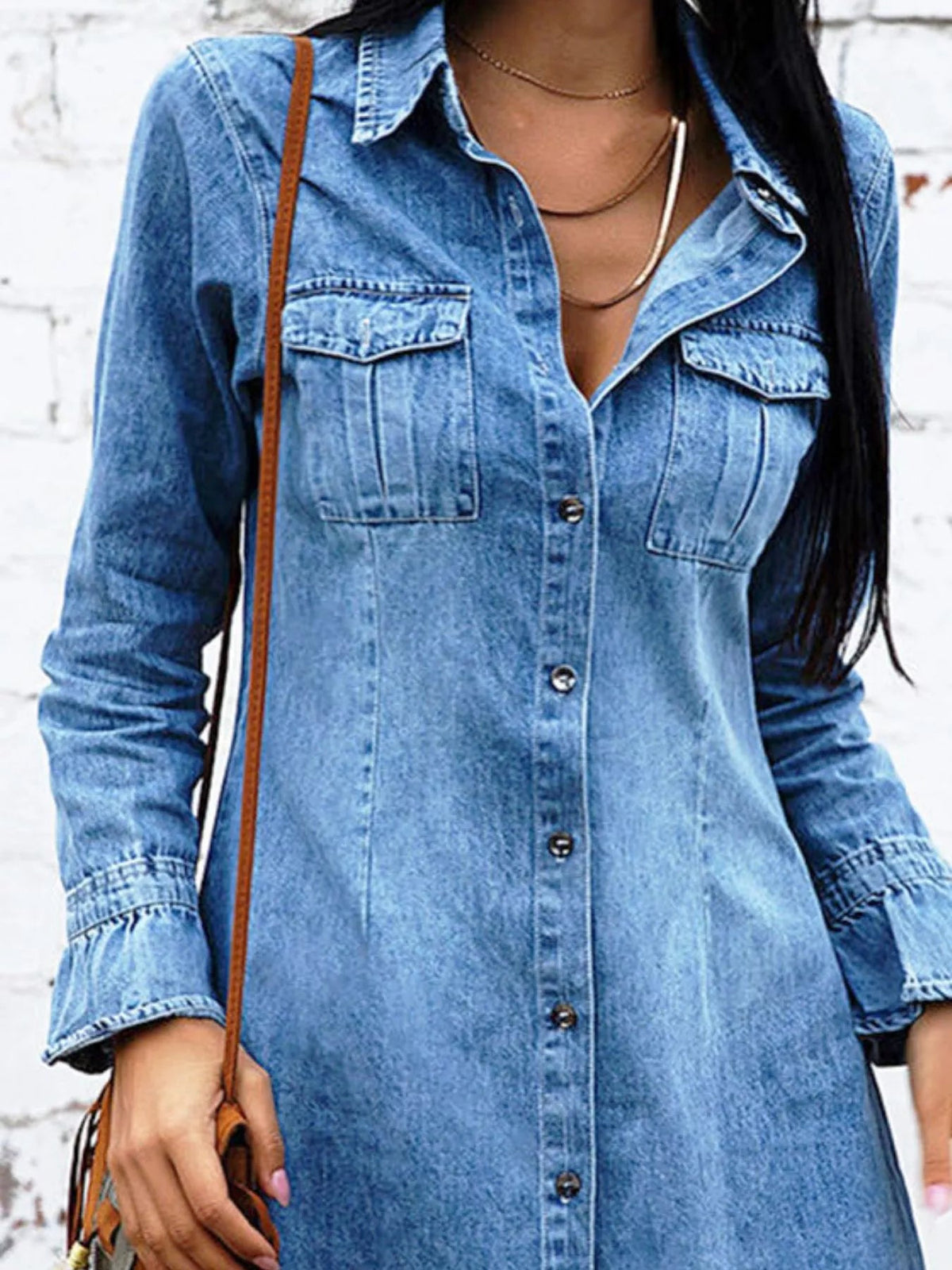 Button Front Long Sleeve Denim Dress - TheMomCo.