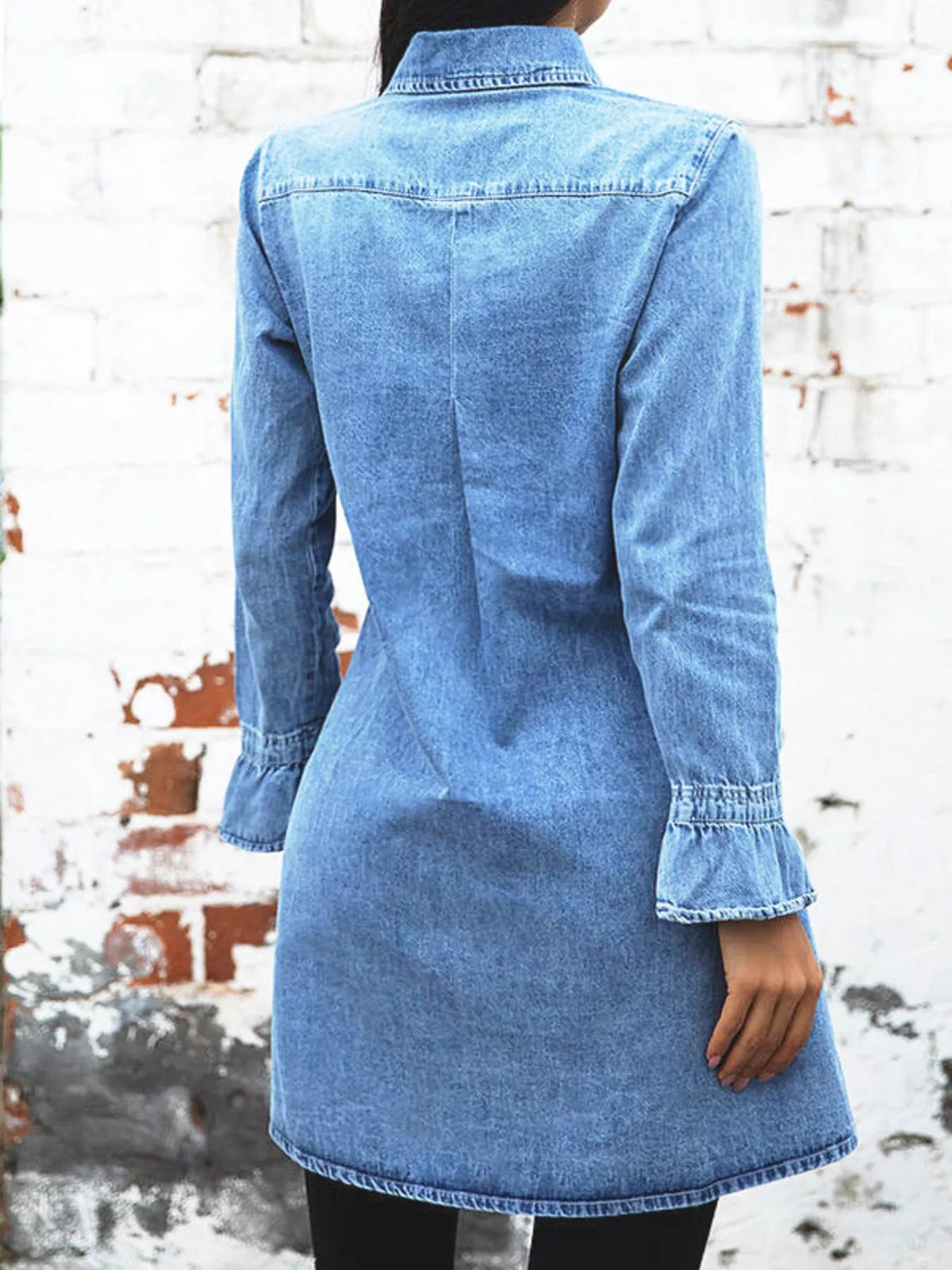 Button Front Long Sleeve Denim Dress - TheMomCo.
