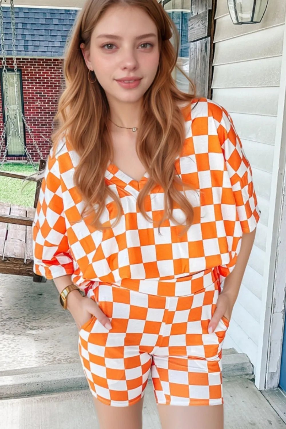 Checkerboard V Neck Loose Tee and Shorts Set - TheMomCo.
