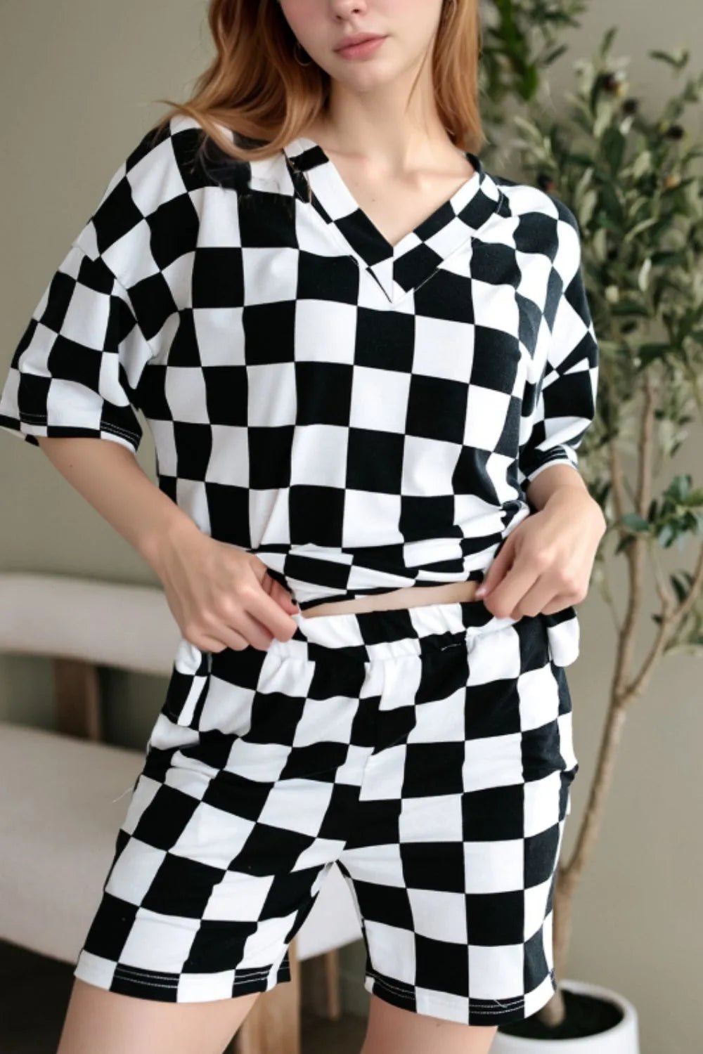 Checkerboard V Neck Loose Tee and Shorts Set - TheMomCo.