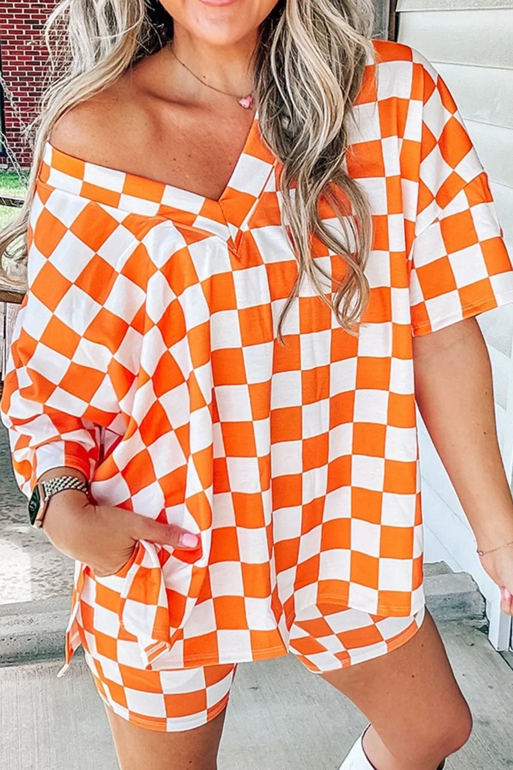 Checkerboard V Neck Loose Tee and Shorts Set - TheMomCo.