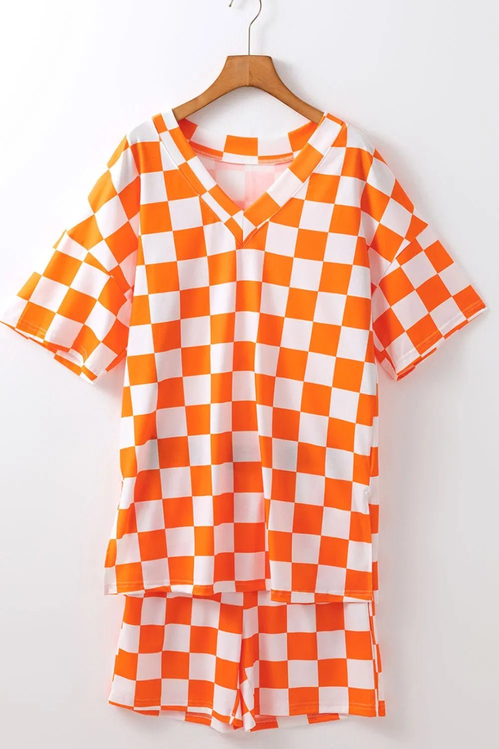 Checkerboard V Neck Loose Tee and Shorts Set - TheMomCo.