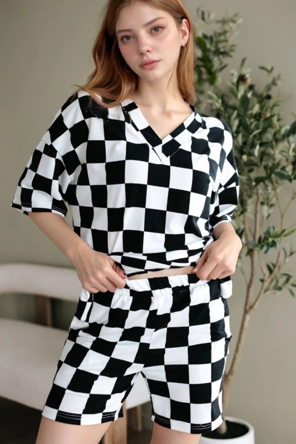 Checkerboard V Neck Loose Tee and Shorts Set - TheMomCo.