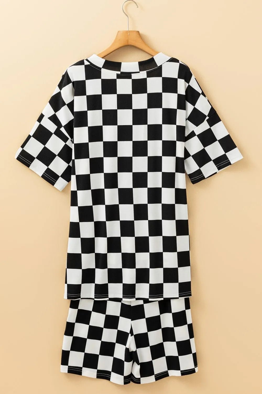 Checkerboard V Neck Loose Tee and Shorts Set - TheMomCo.