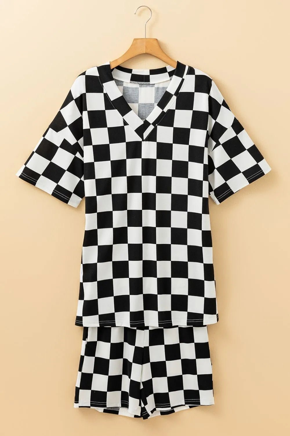 Checkerboard V Neck Loose Tee and Shorts Set - TheMomCo.