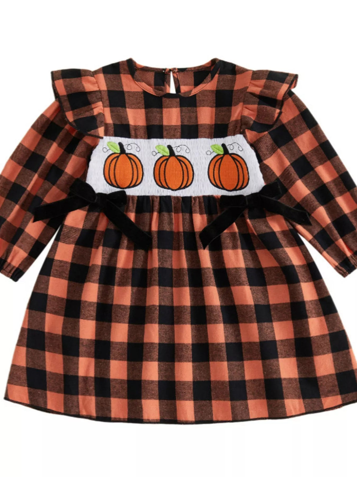 Children's Halloween Plaid Pumpkin Smocked Dress - TheMomCo.