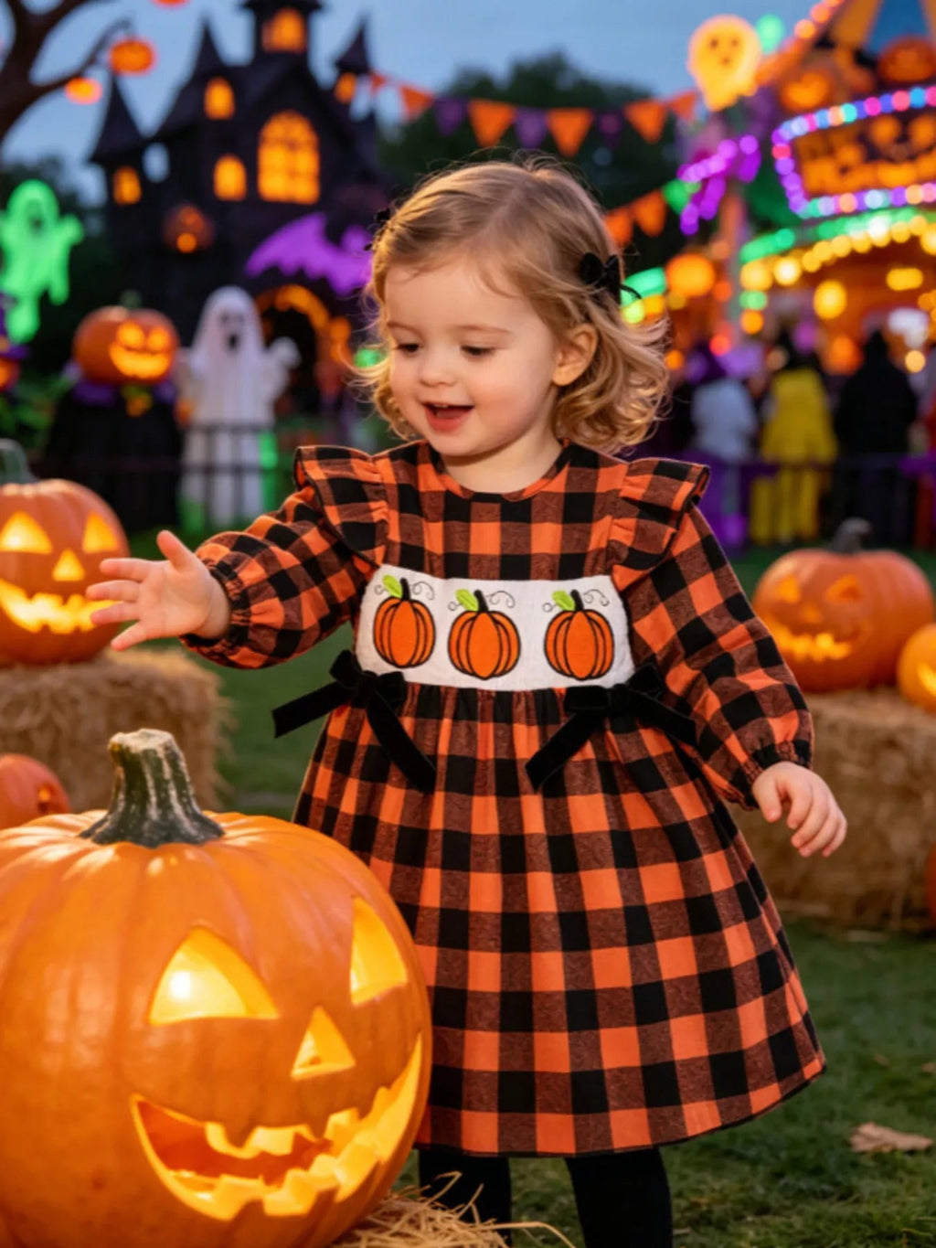 Children's Halloween Plaid Pumpkin Smocked Dress - TheMomCo.