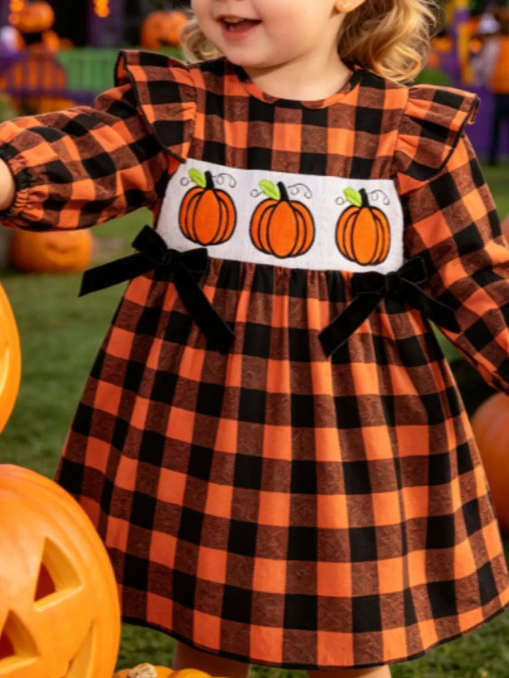 Children's Halloween Plaid Pumpkin Smocked Dress - TheMomCo.