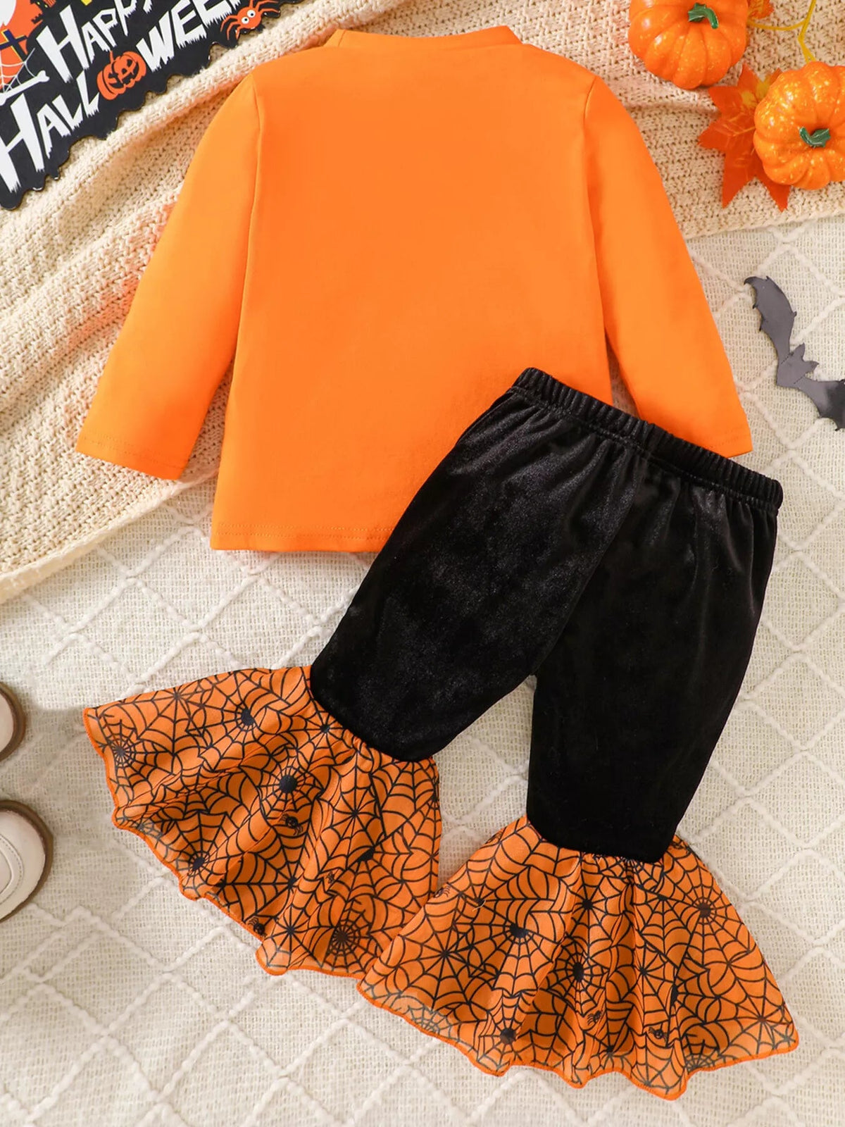 Children's Halloween Pumpkin Long Sleeve Top and Spiderweb Bell Bottom Set - TheMomCo.