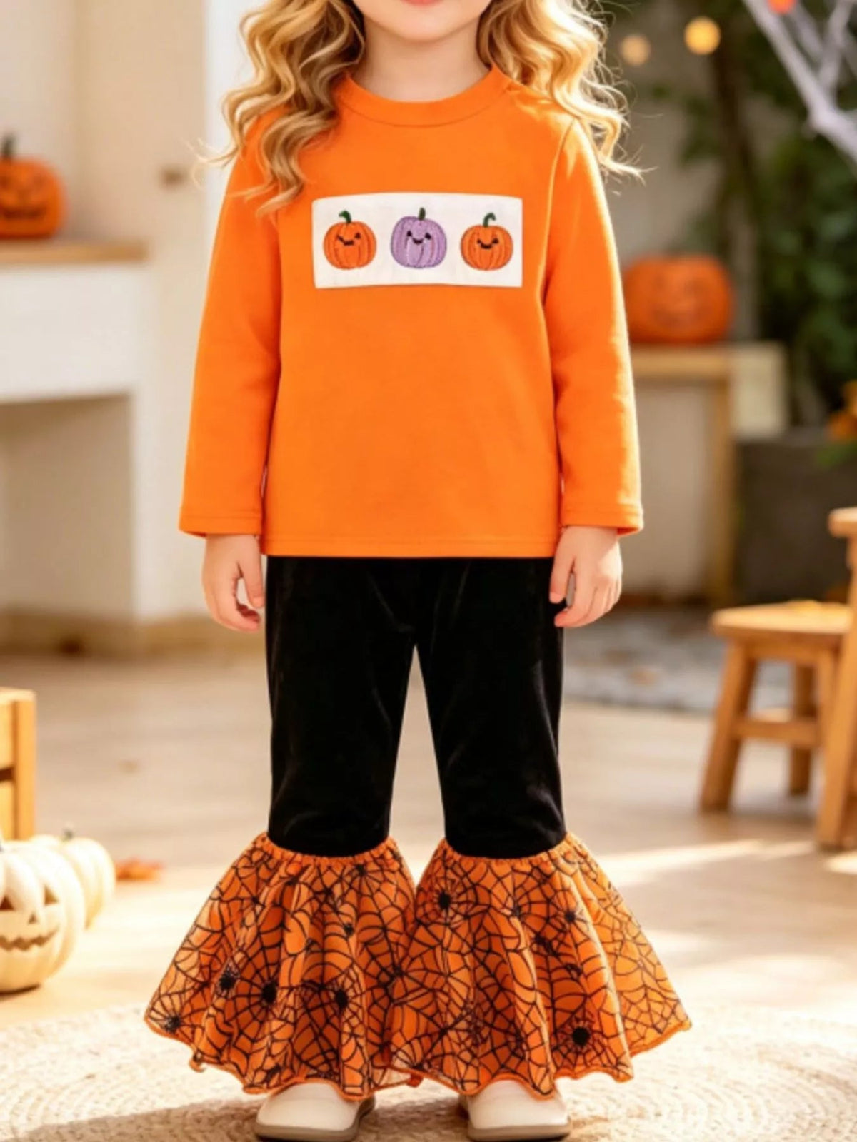Children's Halloween Pumpkin Long Sleeve Top and Spiderweb Bell Bottom Set - TheMomCo.