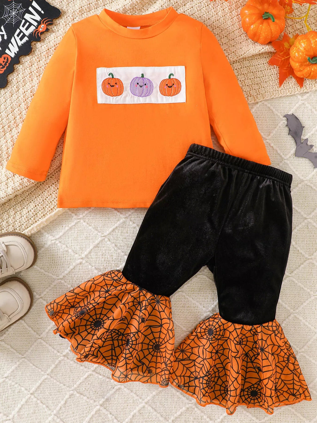 Children's Halloween Pumpkin Long Sleeve Top and Spiderweb Bell Bottom Set - TheMomCo.