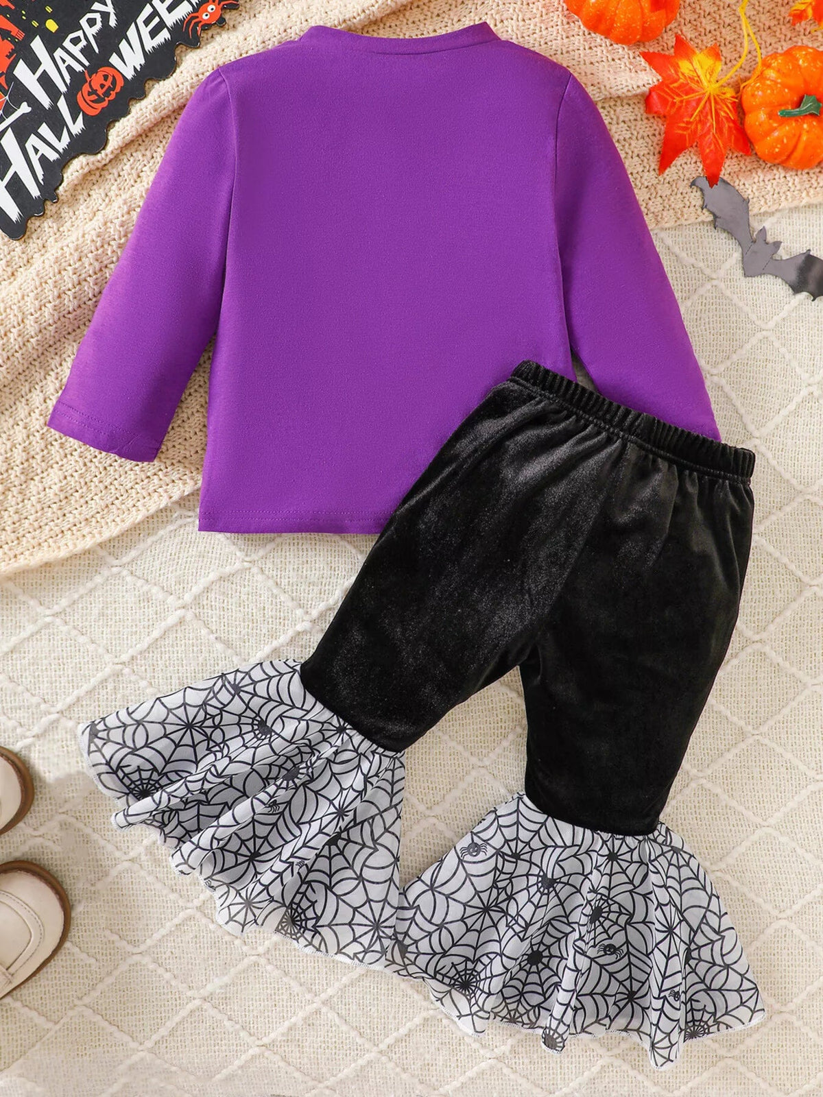 Children's Halloween Pumpkin Long Sleeve Top and Spiderweb Bell Bottom Set - TheMomCo.
