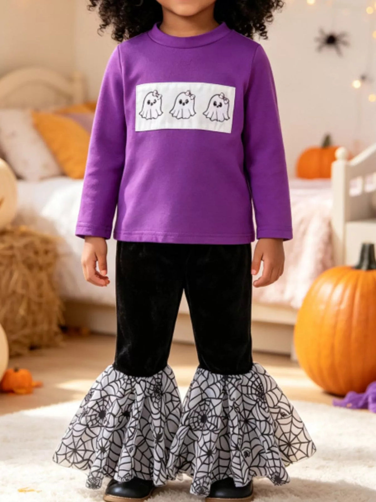 Children's Halloween Pumpkin Long Sleeve Top and Spiderweb Bell Bottom Set - TheMomCo.