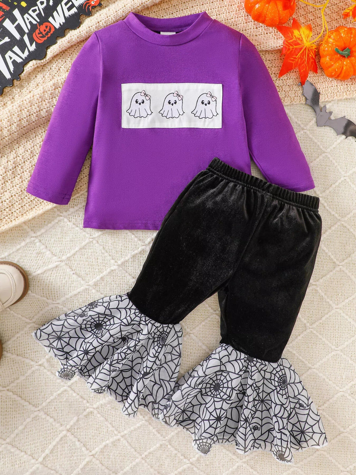 Children's Halloween Pumpkin Long Sleeve Top and Spiderweb Bell Bottom Set - TheMomCo.