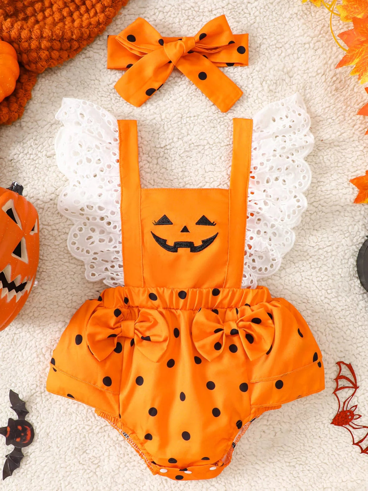 Children's Halloween Pumpkin Polka Dot Bodysuit and Headband Set - TheMomCo.