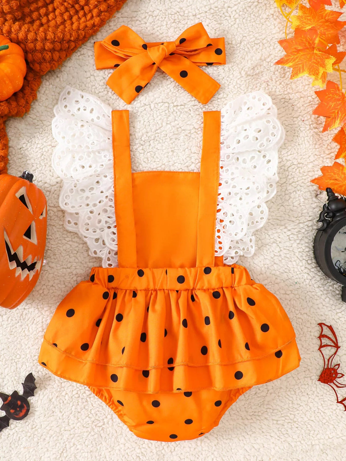 Children's Halloween Pumpkin Polka Dot Bodysuit and Headband Set - TheMomCo.