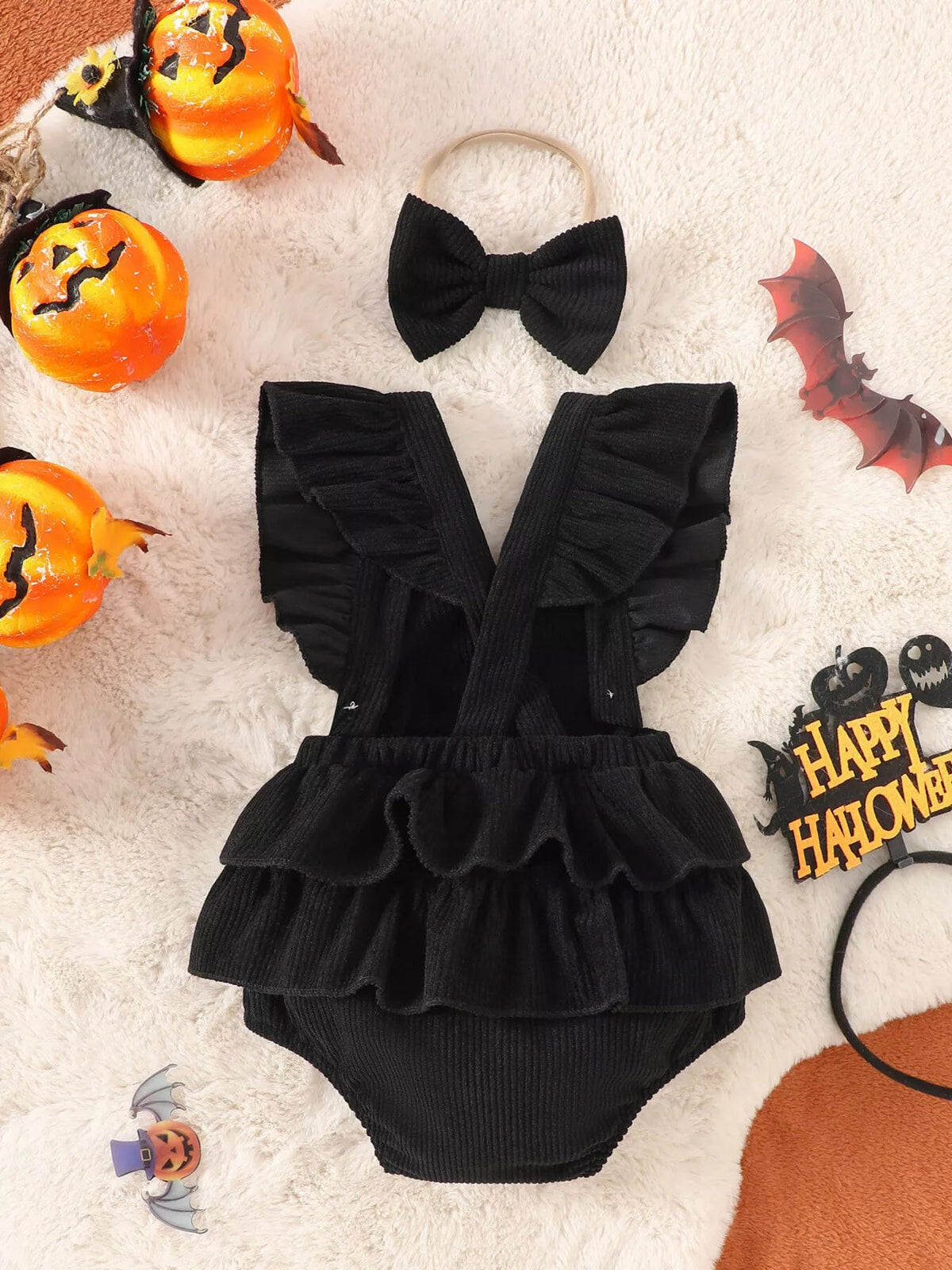 Children's Halloween Skeleton Ruffle Bodysuit and Bow Headband Set - TheMomCo.