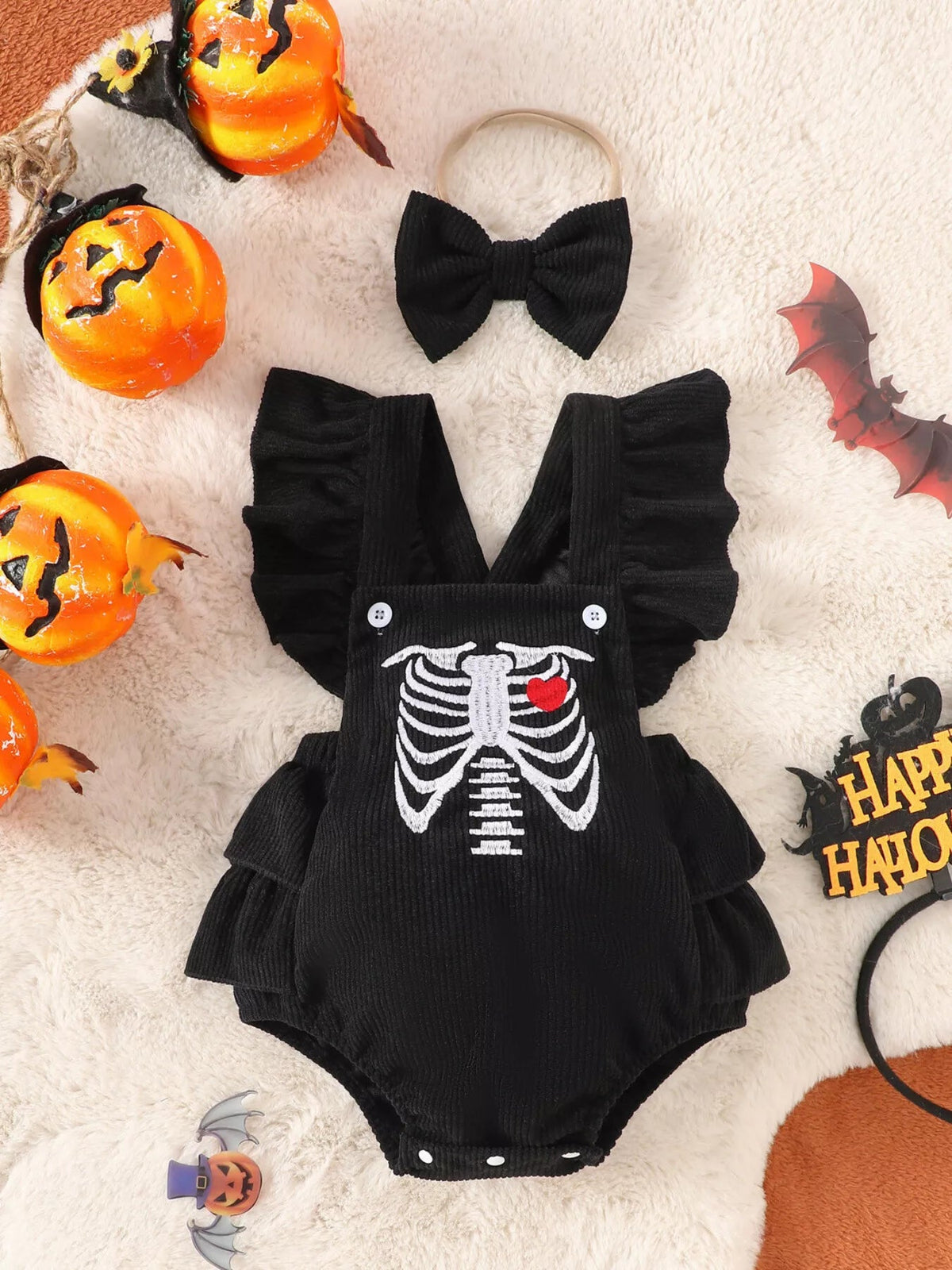 Children's Halloween Skeleton Ruffle Bodysuit and Bow Headband Set - TheMomCo.