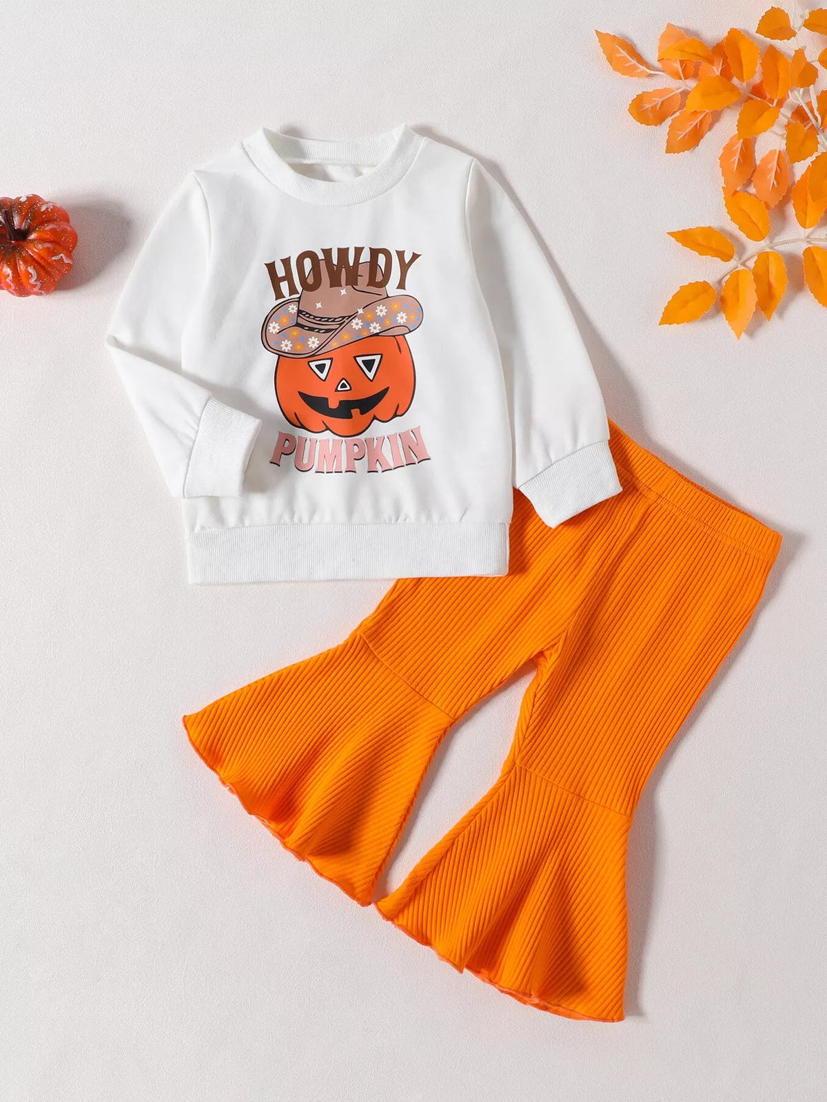 Children's Howdy Pumpkin Graphic Long Sleeve Sweatshirt and Ribbed Bell Pants Set - TheMomCo.