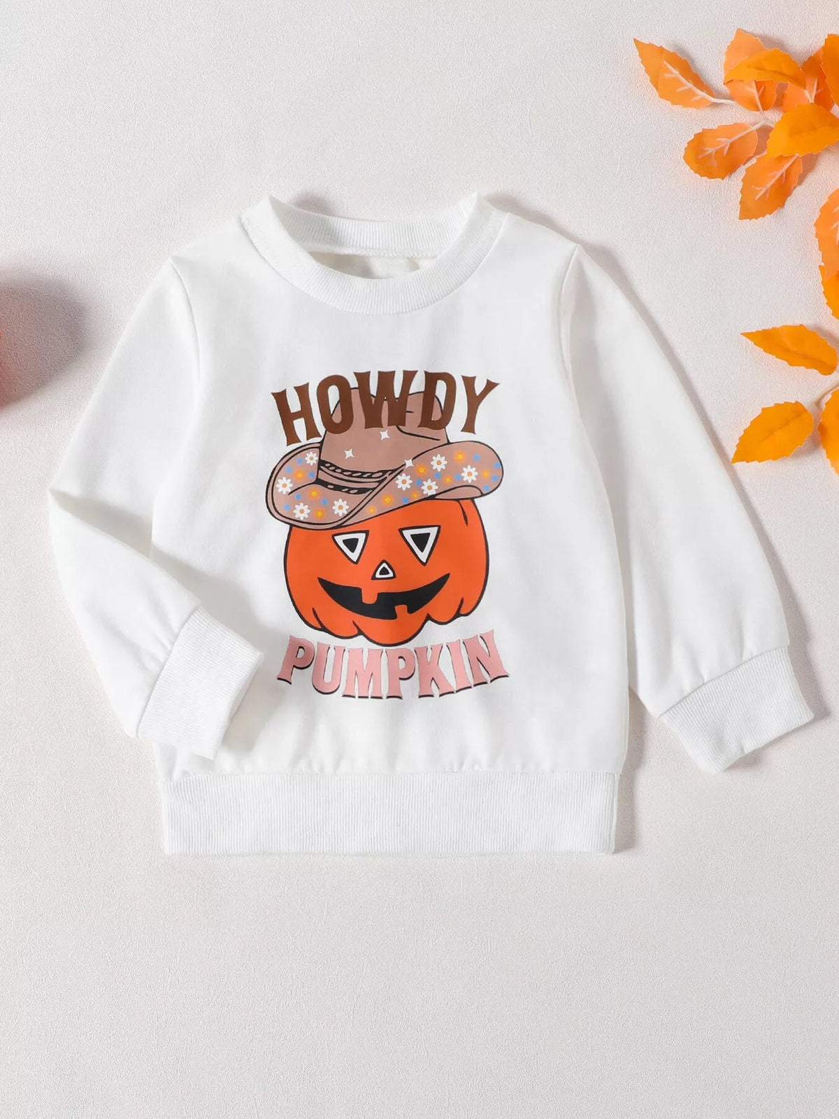 Children's Howdy Pumpkin Graphic Long Sleeve Sweatshirt and Ribbed Bell Pants Set - TheMomCo.