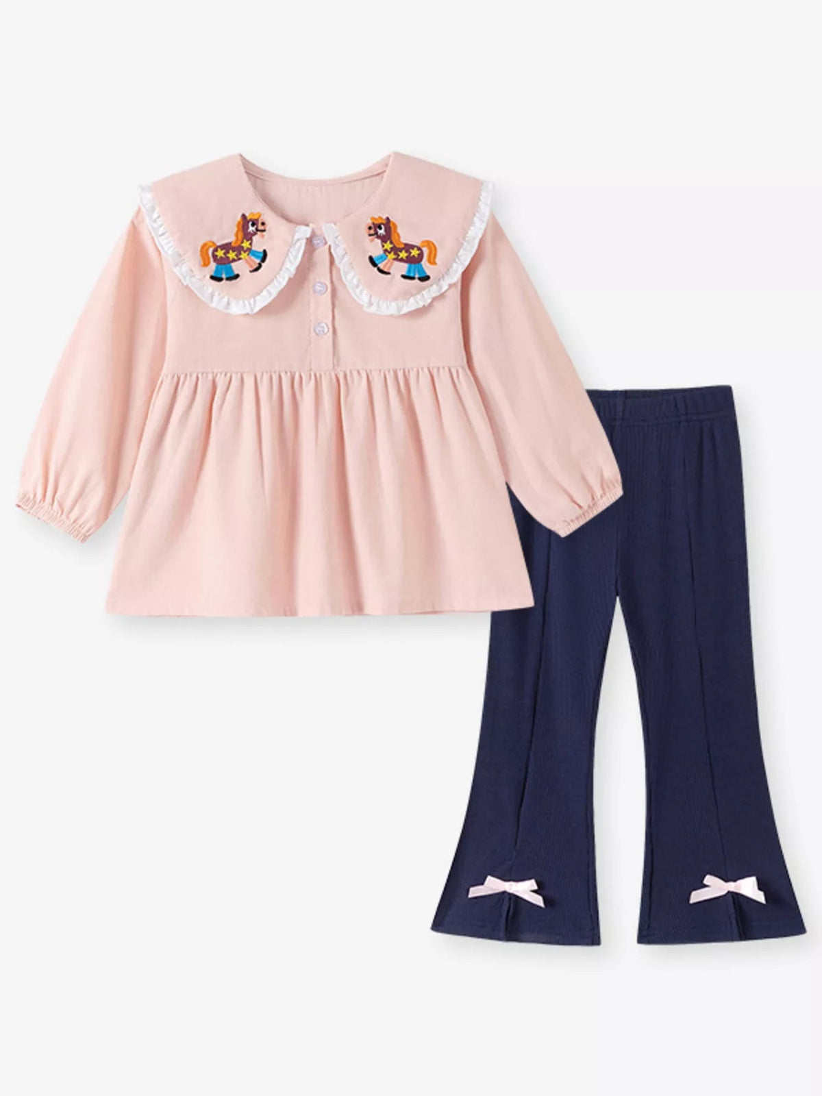 Children's Pony Embroidered Top and Flare Pants Set - TheMomCo.