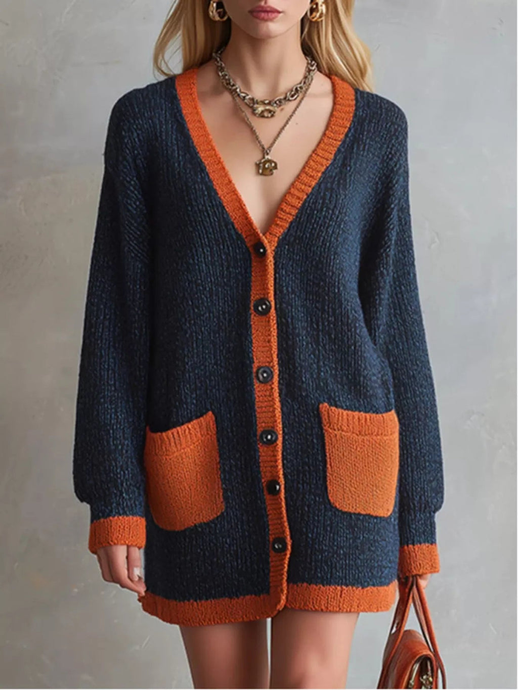Color-Block V-Neck Button-Down Knit Cardigan - TheMomCo.