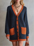 Color-Block V-Neck Button-Down Knit Cardigan - TheMomCo.
