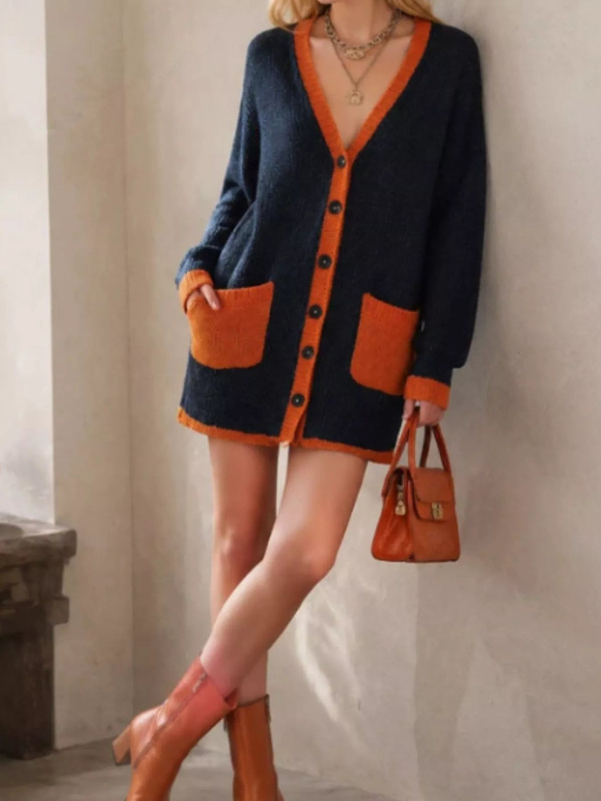 Color-Block V-Neck Button-Down Knit Cardigan - TheMomCo.