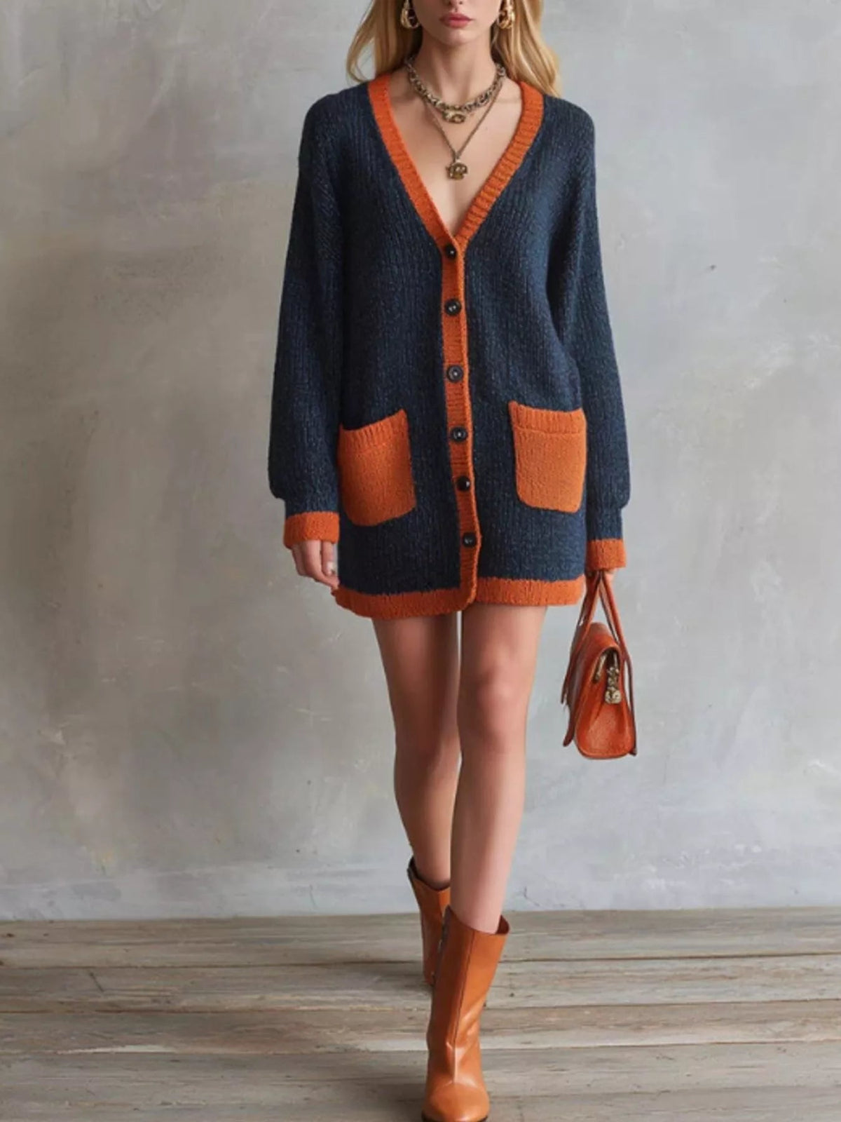 Color-Block V-Neck Button-Down Knit Cardigan - TheMomCo.