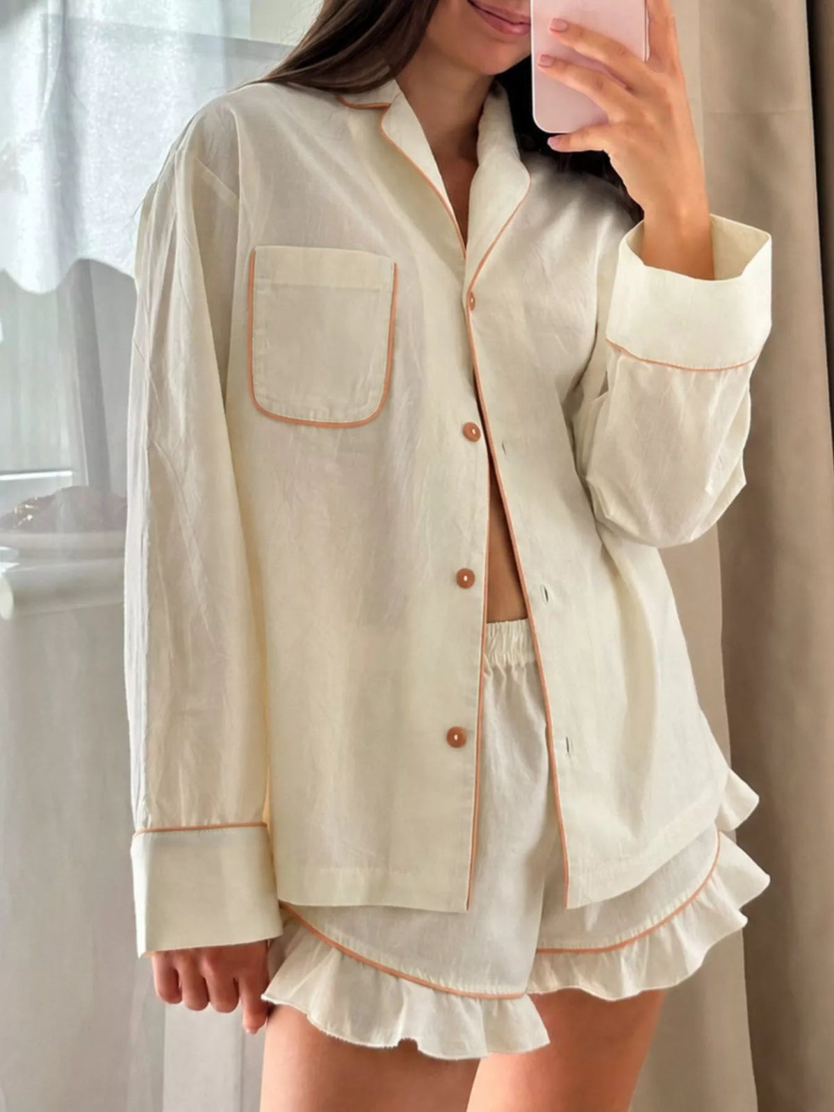 Contrast Trim Long Sleeve Top and Shorts Lounge Set - TheMomCo.