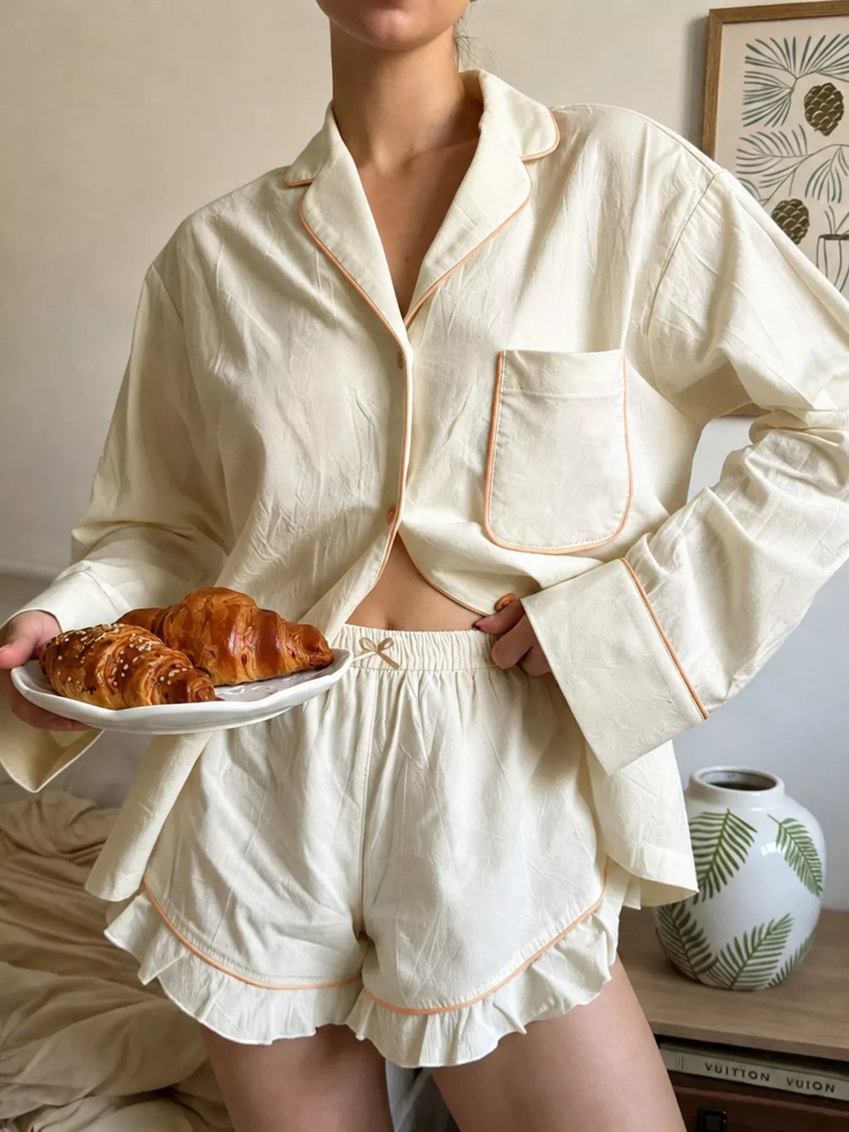Contrast Trim Long Sleeve Top and Shorts Lounge Set - TheMomCo.