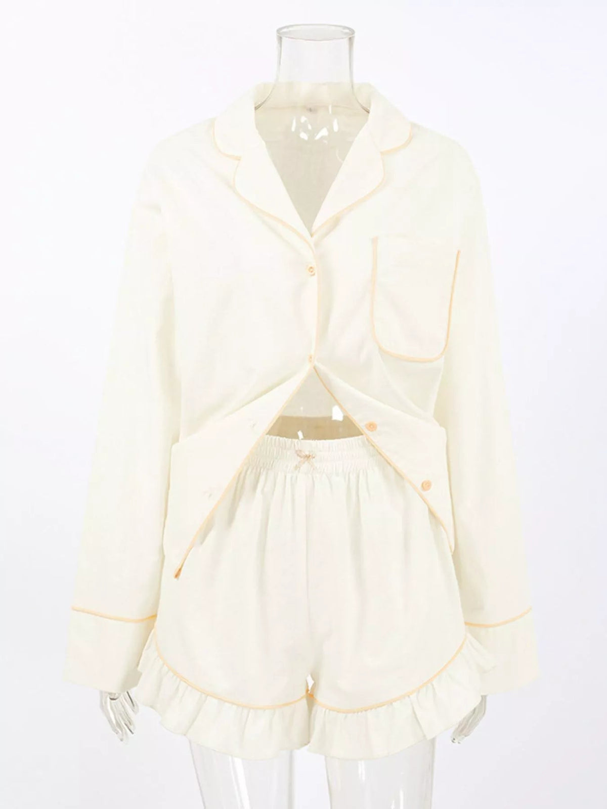 Contrast Trim Long Sleeve Top and Shorts Lounge Set - TheMomCo.