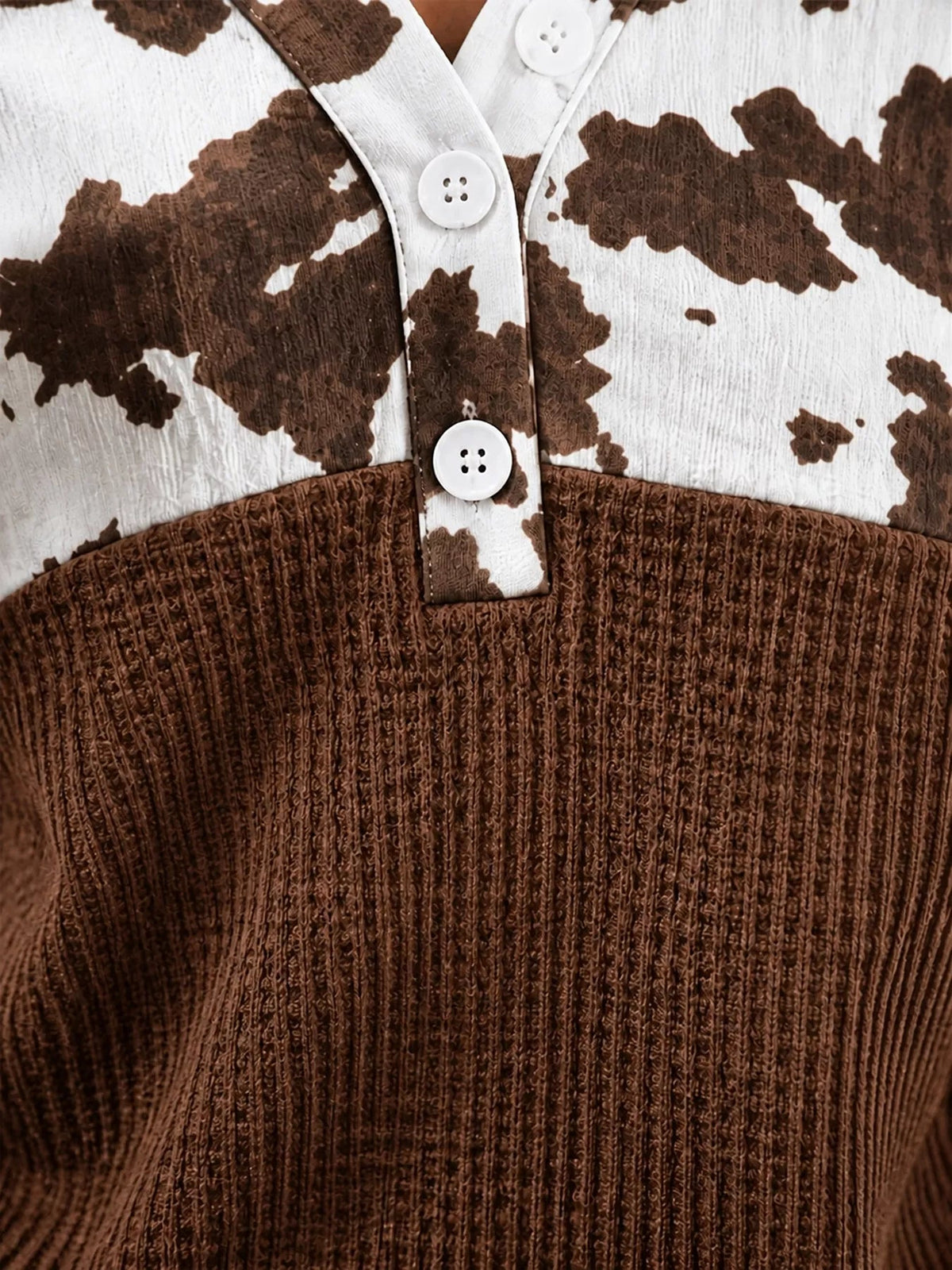 Cow Print Color Block Waffle Knit Blouse - TheMomCo.