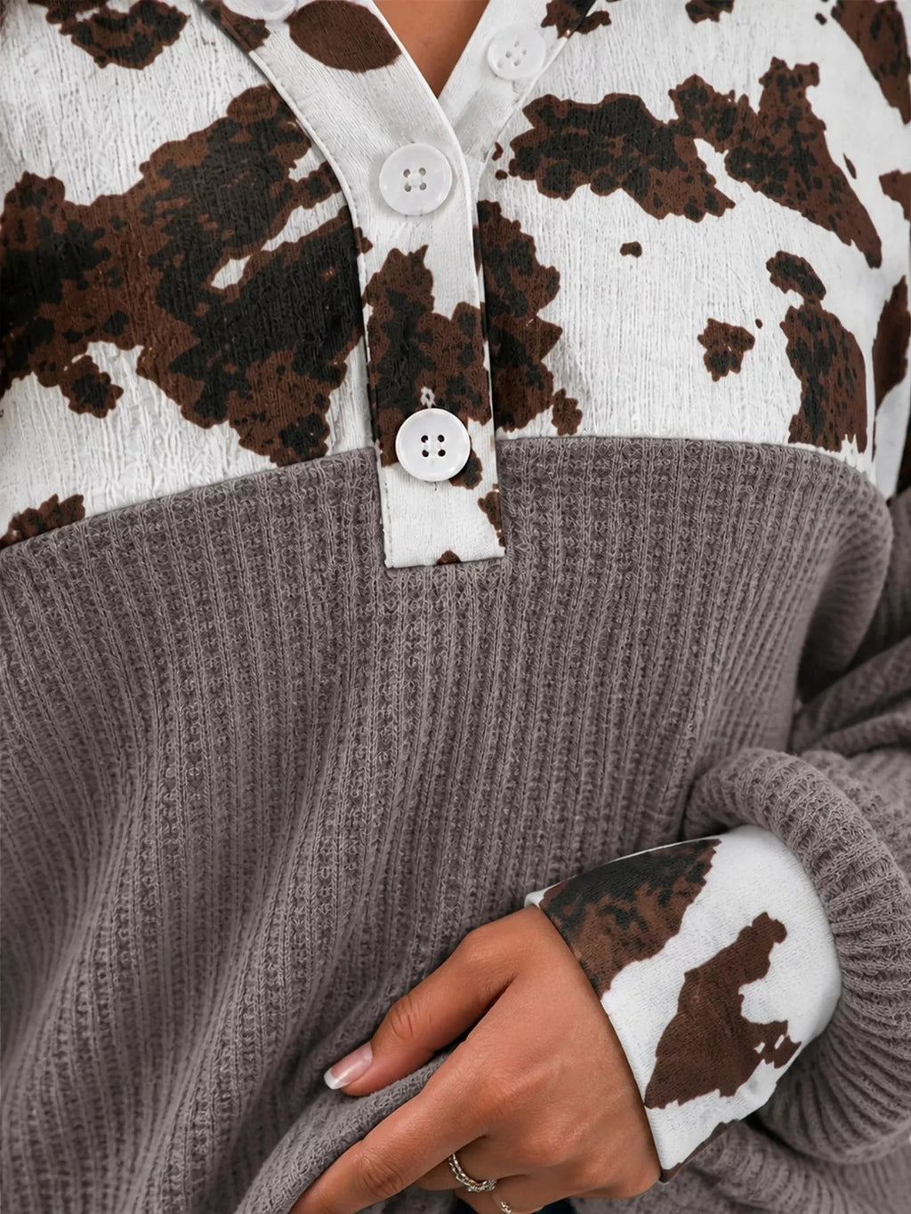 Cow Print Color Block Waffle Knit Blouse - TheMomCo.