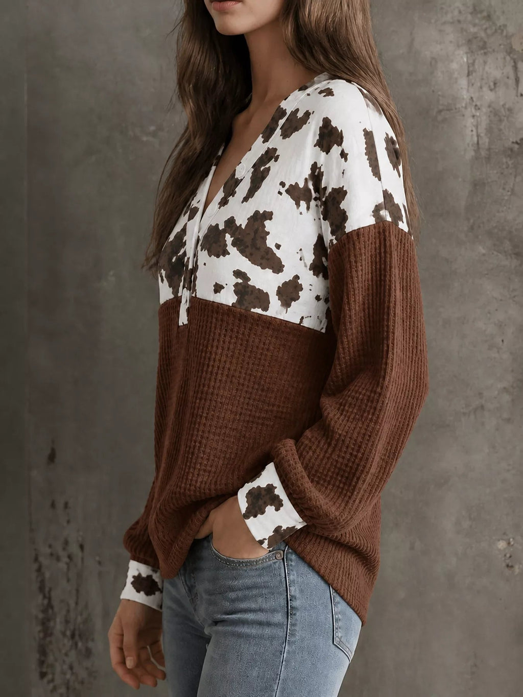 Cow Print Color Block Waffle Knit Blouse - TheMomCo.