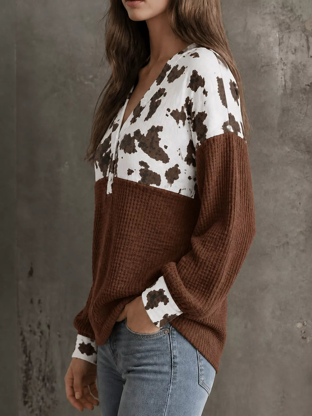Cow Print Color Block Waffle Knit Blouse - TheMomCo.