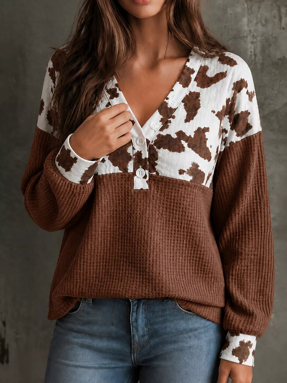 Cow Print Color Block Waffle Knit Blouse - TheMomCo.