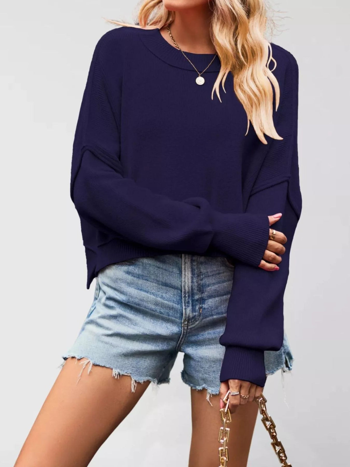 Crew Neck Dropped Shoulder Sweater - TheMomCo.