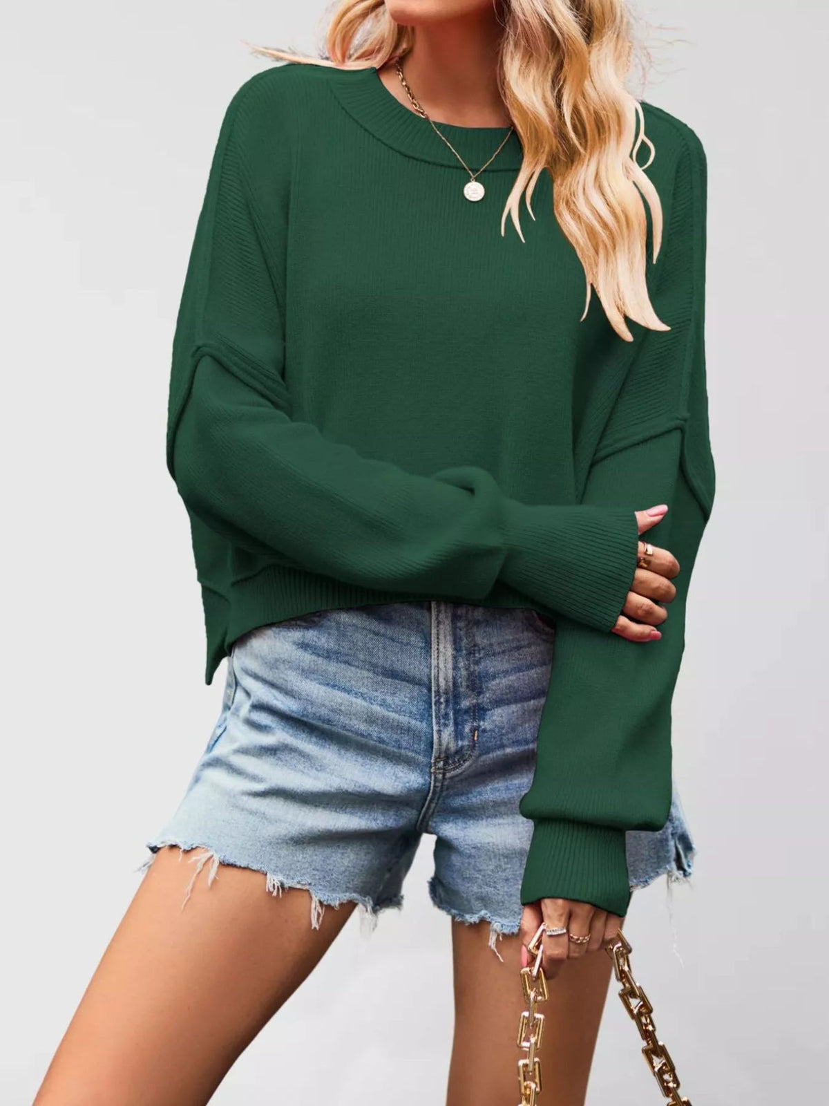 Crew Neck Dropped Shoulder Sweater - TheMomCo.
