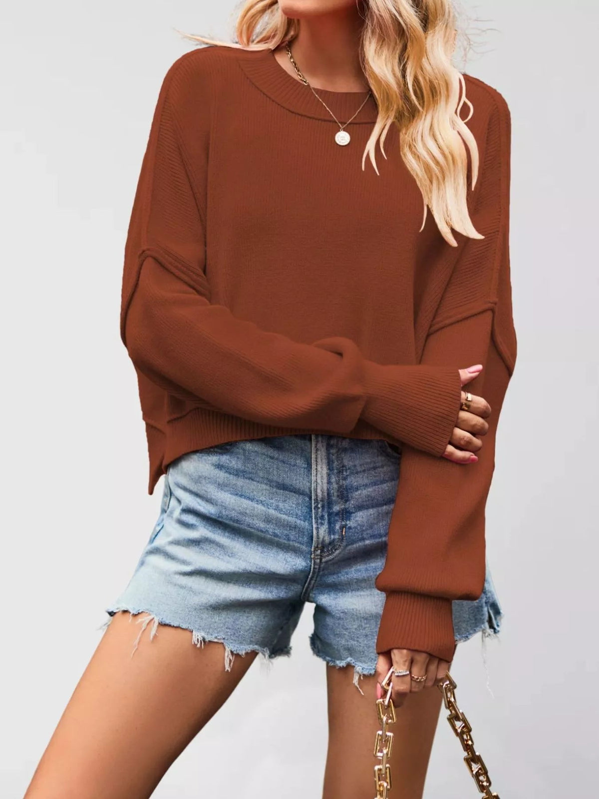 Crew Neck Dropped Shoulder Sweater - TheMomCo.